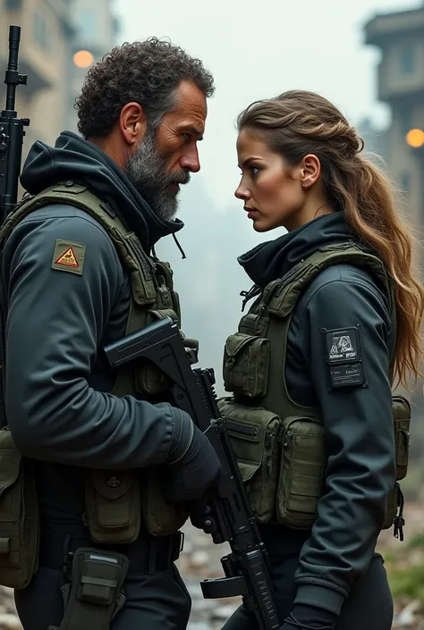 Characters between 25 and 3. One of them is a white man with short curly brown hair.,big dark brown beard with white streaks and a scar from face to neck using a sniper rifle .Beside him a woman with dark blonde hair, curly and blue eyes and is using a pis...