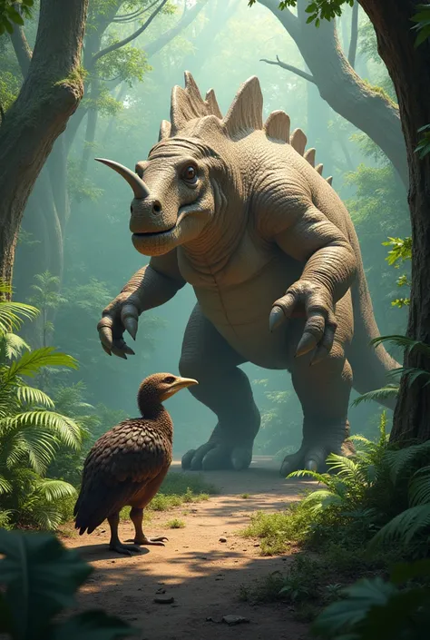 A towering Iguanodon and a plump Dodo face each other in a lush, prehistoric forest. The Iguanodon, with its strong limbs and thumb spikes, stands tall and alert, while the Dodo, with its stout body and short, sturdy wings, waddles defensively. The backgro...