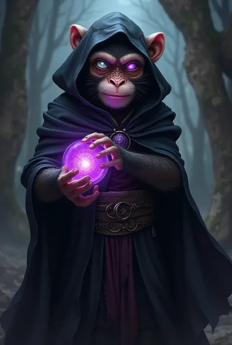 A black magic and warrior sorcerer monkey, he has one purple eye and one white eye, he wears a black cape with a hood pulled up over his head, he has a mischievous smile and he holds a magic orb in one of his hands, he has scars, 