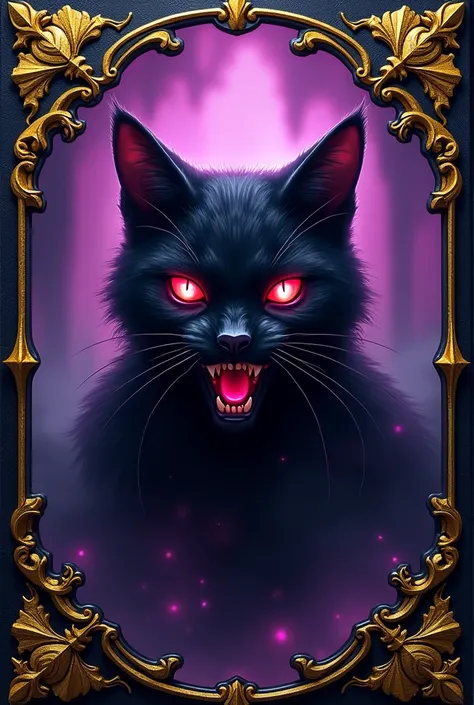 Magic card, the outer edge of the card is purple, the 4 corners of the card have yellow patterns, the middle of the card is black with a black cats head in the middle, red cat eyes, angry, animated face. image