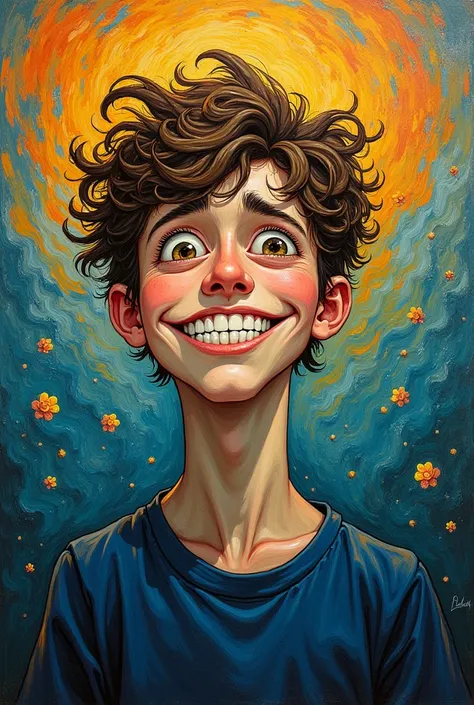 Make an image of a teenage male who, although happy in his chest, shows his bad emotions and feelings in the form of a painting similar to a work by Van Gogh.