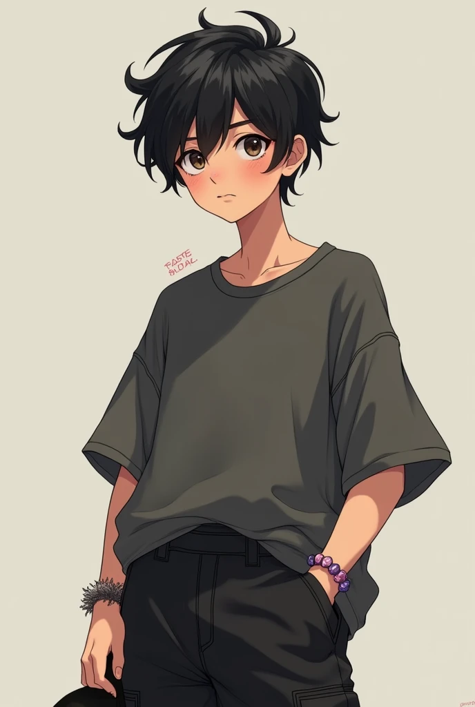 Age: 14

Normal Form:

	•	Hair: Black, slightly messy, and tousled with a few stray strands. It has a natural, unkempt look that complements his laid-back personality.
	•	Face: He has a small mole on the right side of his chin. His expression is often shy ...