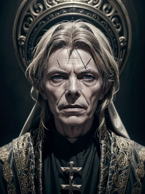 a very old and thin catholic priest, david bowie, detailed portrait, extremely detailed face and eyes, beautiful detailed wrinkles, ornate robes, intricate patterns, dramatic lighting, chiaroscuro, moody atmosphere, cinematic, dramatic shadows, high contra...