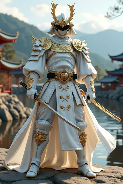 White Power Ranger inspired by a samurai with sword and armor all over his body with gold details and a background in feudal Japan
