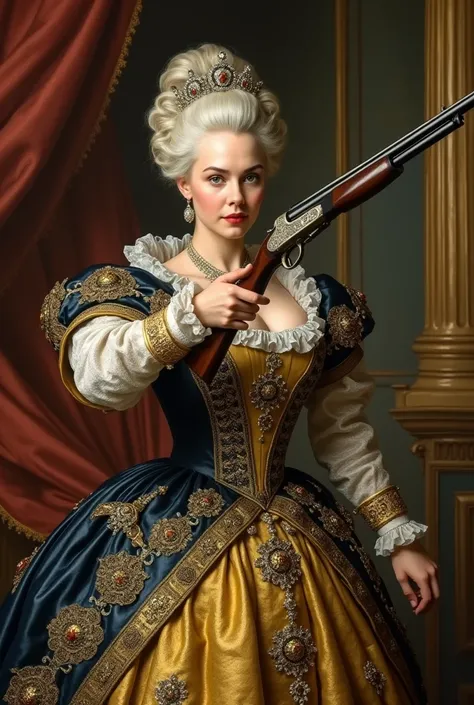 Renaissance portrait of Marie Antoinette aiming a shotgun at the French people 