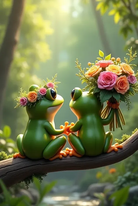 Back view of two frogs sitting on a branch，The frog is holding a large bouquet in his right hand，Next to me is a frog wearing a flower crown，Both of them will have fun，