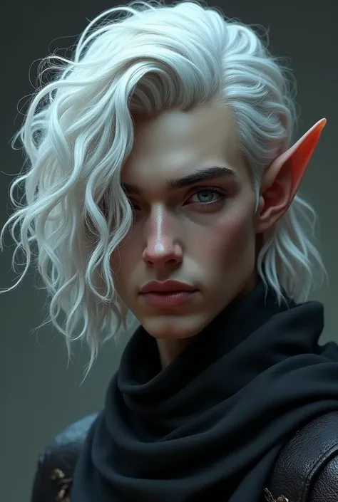 male dark elf drow, handsome young, long pointed ears, curly shoulder length hair, one half of face covered by hair, white hair, dark skin, dark skin, realistic style