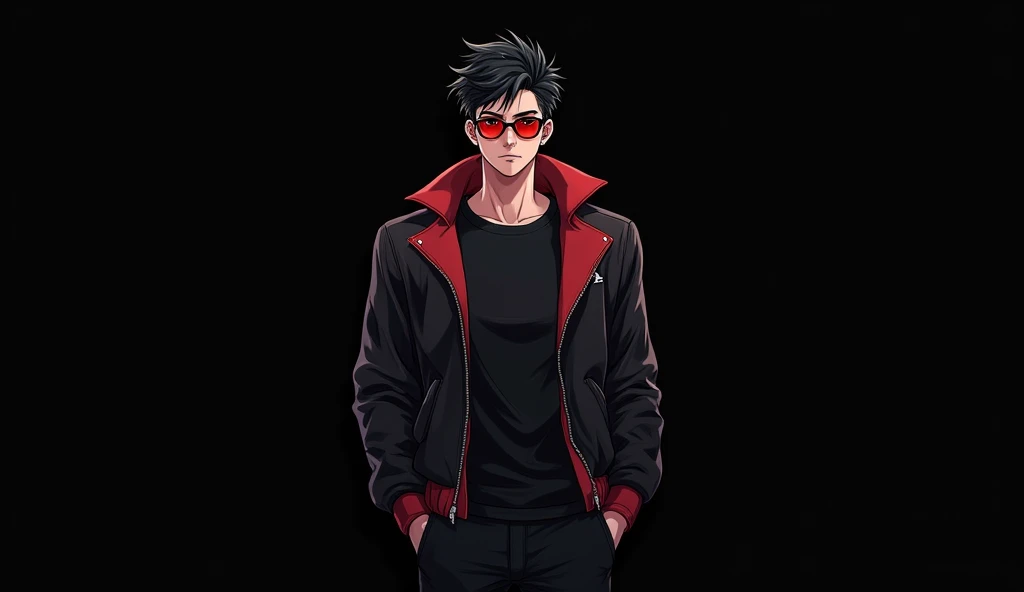 Design an anime-style 1 boy character standing confidently. He has stylish black hair, a small nose, and is wearing red sunglasses. The character is dressed in a trendy jacket, with the backdrop being a solid black background, giving the scene a sleek and ...