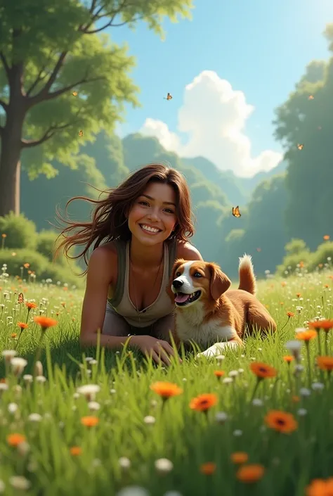 Lara with a radiant smile playing with her loyal dog, Max, in a lush green meadow.