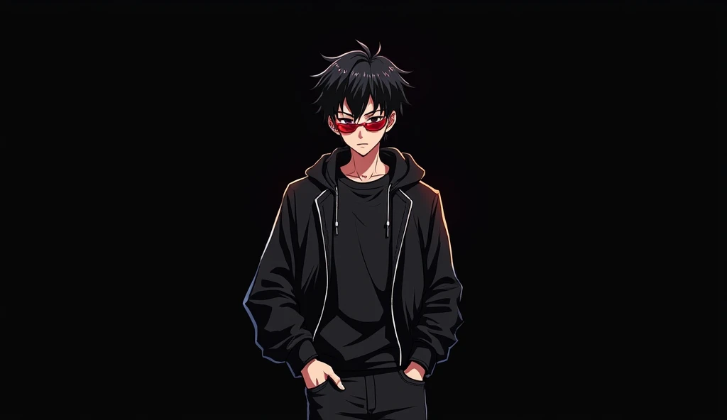 Design an anime-style 1 boy character standing confidently. He has stylish black hair, a small nose, and is wearing red sunglasses. The character is dressed in a trendy jacket, with the backdrop being a solid black background, giving the scene a sleek and ...