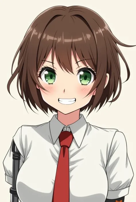 masterpiece, highest quality, best quality, 1girl, solo, looking at viewer, , tezuka rin, (armless amputee:1.2), brown hair, collar, collared shirt, (double amputee:1.2), green eyes, katawa shoujo, red necktie, shirt, short hair, solo, white shirt,  lozhki...