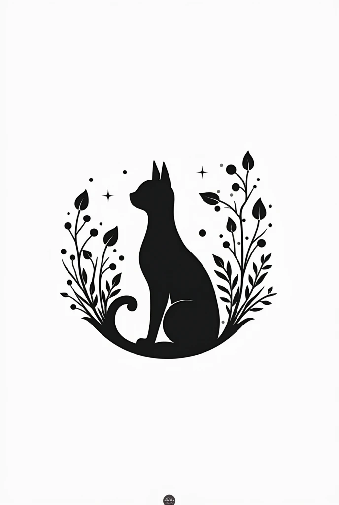 A logo of a cat and anime-style plants and the entire logo is black and white with little pots around it 