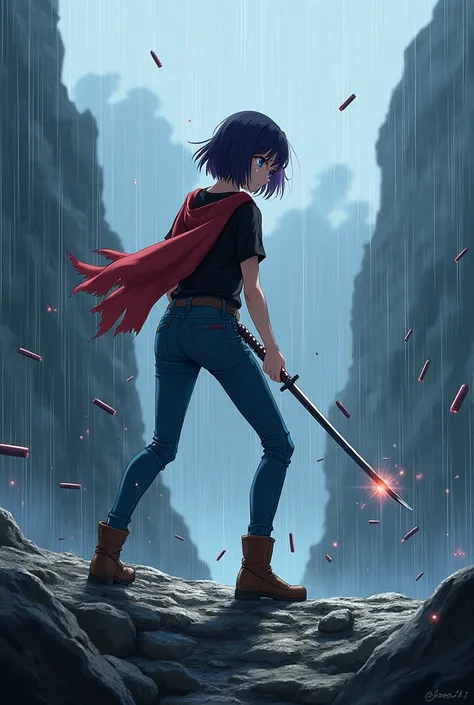 (realistic anime ) girl years high quality (better details)(1080p quality) with short black violet hair,black tshirt,red shirt,blue jeans and brown shoe,with katana in hands stands on mountain cutting bullet come towards her and bend for front her shadow o...