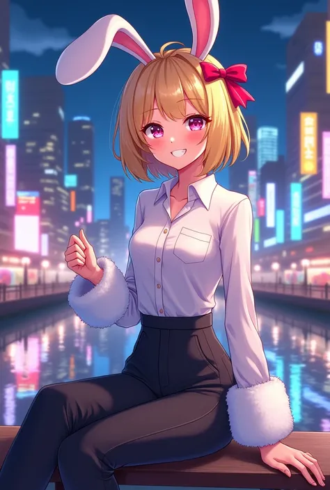 "Create an anime-style illustration of a 20-year-old young woman with layered short blonde hair styled in a playful and slightly tousled manner, wearing large, fluffy white bunny ears. She has vibrant pink eyes and a cheerful, bright smile. She is adorned ...