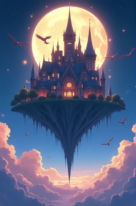 A magical anime setting of a floating academy above the clouds, with grand gothic towers, archways, and flying creatures like dragons and griffins. The sky is filled with stars and a giant full moon, giving a mystical ambiance to the scene.