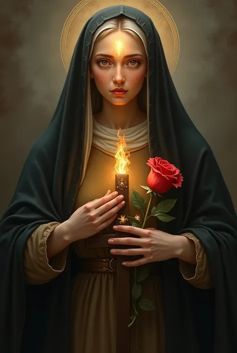 Saint Rita of Cassia with the flame of Jesus in the middle of her forehead with the red rose and the cross in her hands
