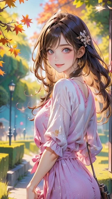 Smiling woman holding a rifle　A woman wearing a white blouse and pink long hair blowing in the autumn wind and illuminated by the light.　Holding a rifle in the park　　Watercolor