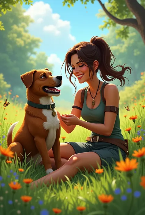 Lara with a radiant smile playing with her loyal dog, Max, in a lush green meadow.