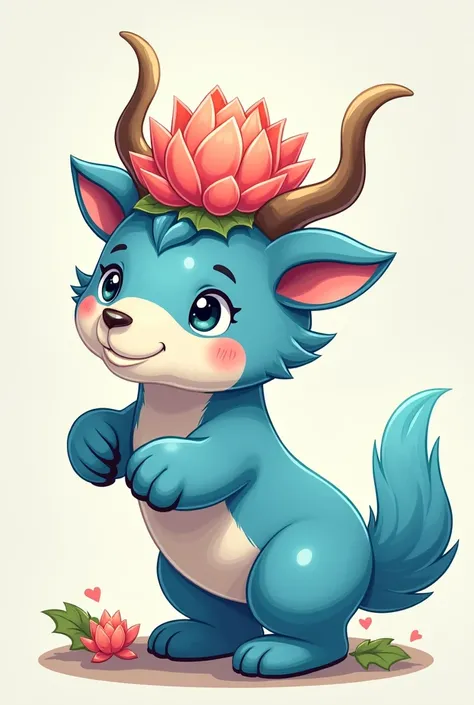 Please draw Kyunghee University&#39;s mascot, Gi-ryong, wearing a lotus flower as a hat.. Kiryong was created based on the legendary animal, the Gui-ryong., It has sky blue skin and two horns on its head..