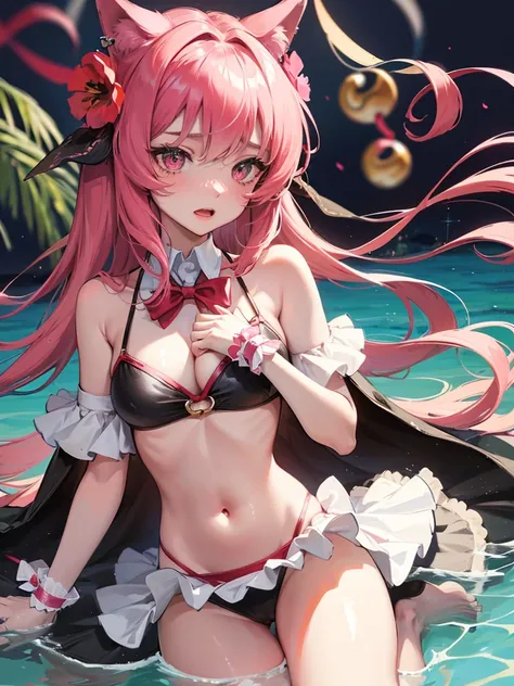 1 girl,long hair, chest, looking at the audience, chest, blushing, open mouth,  decorationsผม, , ribbon, animal ears, decorations, Hair bow, earring, Hair flowers,Sexy swimsuit,bikini,Big tits