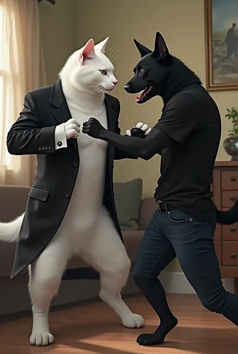 A white cat in human body wearing a black suit in house  smashes a right hand flying punch on the face of a black dog in human body wearing a black t-shirt and black jeans 