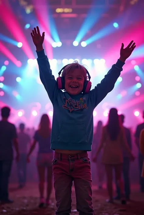 Imagine a vibrant scene at an electronic music event. The stage is big and bright, with colorful lights flashing and lasers cutting through the air. The crowd is excited, jumping and dancing to the pulsating electronic music. Em primeiro plano, Theres a ch...