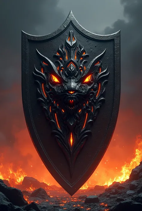 A cursed shield named Hellscorn, large and imposing, with black flames eternally flickering across its surface. The shield is forged from dark, scorched metal, with demonic faces and twisted, sharp designs etched into it. The background shows a dark, fiery...