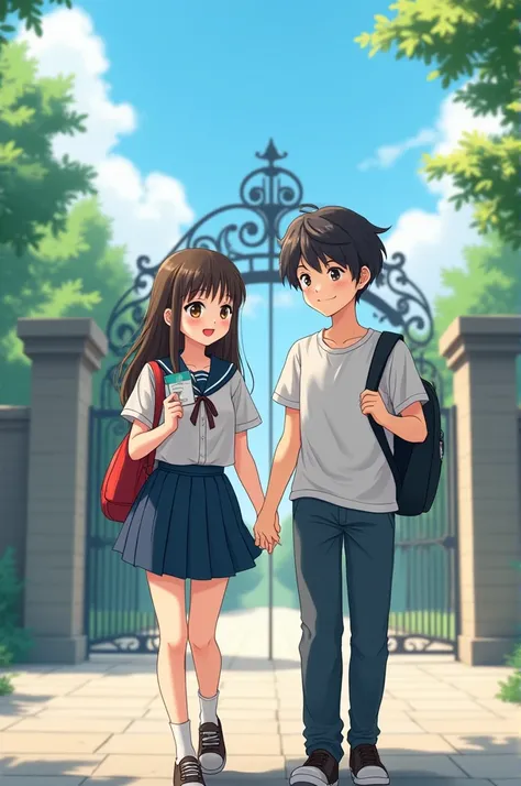 anime couple in the front of  University gate.the both have id card.the boy grave a school bag in left hand and they walk randomly.4k quality. High resolution. Sharp face.cute.the girl ware skirt. Both ware school dress. 