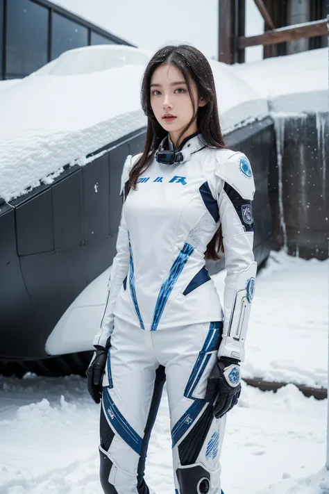 1 girl, lovely, ice and snow world, alone, skinny, wind, mecha suit, whole body, pretty face, decorated with intricate patterns ...