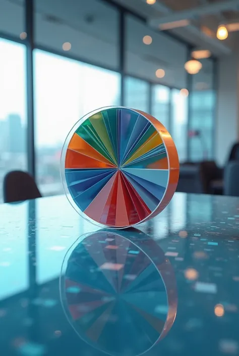 A modern pie chart with vibrant, segmented colors and dynamic 3D effects, displayed on a sleek glass surface with reflections and shadows, set in a contemporary office with minimalist decor, atmosphere is professional and efficient, Photography, shot with ...