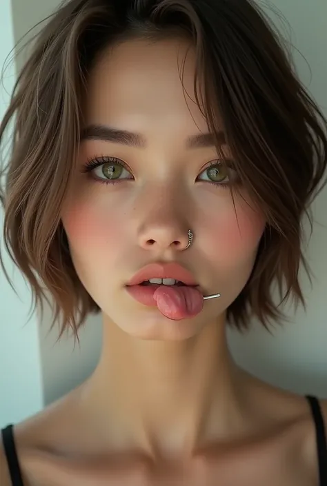 Create a  woman with green eyes, short, white, straight brown hair, light eyebrows, pretty smile, long eyelashes, piercing on the tongue and nose, caocasia