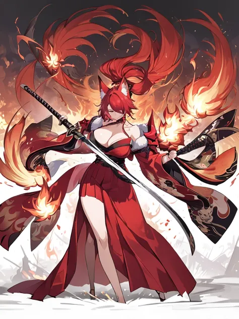  8K Top quality Masterpiece Long red ponytail Red fox ears Nine fox tails Very large breasts Red eyeshadow on lower eyelids Five fingers Alluring Japanese style Kimono Wearing a red jacket Long hakama Toned body Flame hell Red burning Japanese sword Fighti...