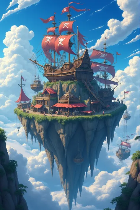 An anime fantasy world of a sky pirate base built on floating rocks above the clouds. The base has makeshift wooden structures, pirate flags, and anchored airships. The sky is filled with dynamic storm clouds and occasional flashes of lightning, adding a s...