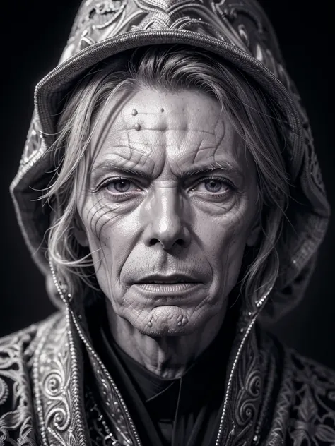 a very old and thin catholic priest, david bowie, detailed portrait, extremely detailed face and eyes, beautiful detailed wrinkl...