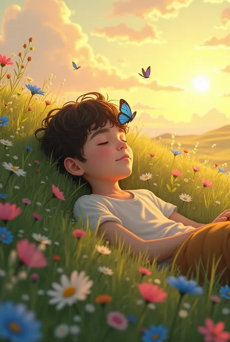 A teen beautiful 15 years of boy is  laying on beautiful pasture, landscape where beautiful wild flowers are blooming and beautiful butterflies are flying,and one blue beautiful butterfly is on the nose of the 15 years of boy at sunset ,
Creat this picture...