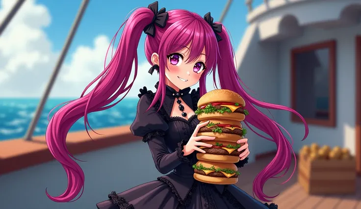 A girl in magenta gothic with twin tails is happy to smuggle a burger。The magenta-haired girl smiles as she sneaks off the boat with a huge pile of burgers.。