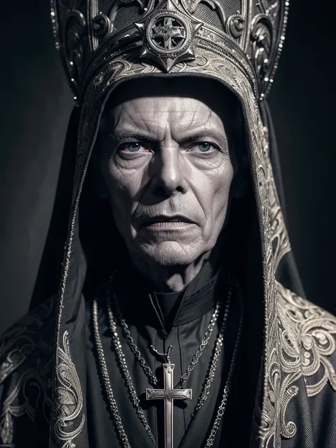 a very old and thin catholic priest, david bowie, detailed portrait, extremely detailed face and eyes, beautiful detailed wrinkl...