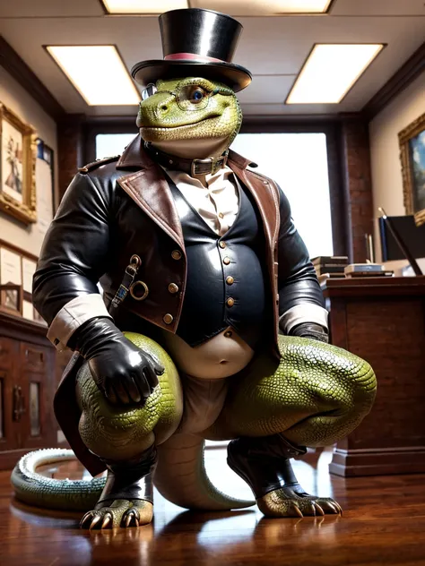 lizard, leather collar, white rubber gloves on hands and feet, white spats on feet, fat, bulging belly, large belly, steampunk, ...