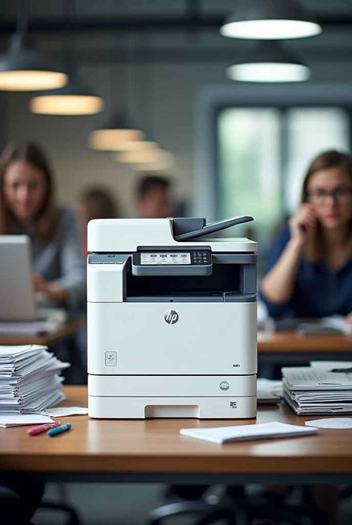 HP M443nda MFP white A3 printer in an busy office  table