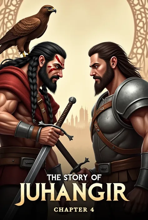 The image appears to be a stylized poster for a story or series titled "The Story of Juhangir," specifically Chapter 4. The artwork features two male characters, both dressed in medieval-style armor and holding swords.

- **Left Character**: The man on the...