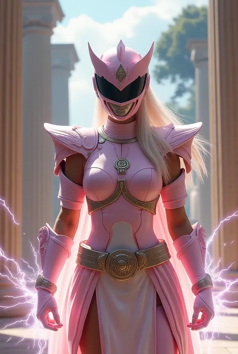 Light pink female Power Ranger inspired by Greek culture with helmet and armor with silver lightning bolts coming out of her hands with an Athena background