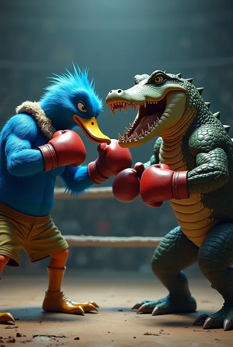 Create image of blue duck and alligator fighting violent boxing in the ring 