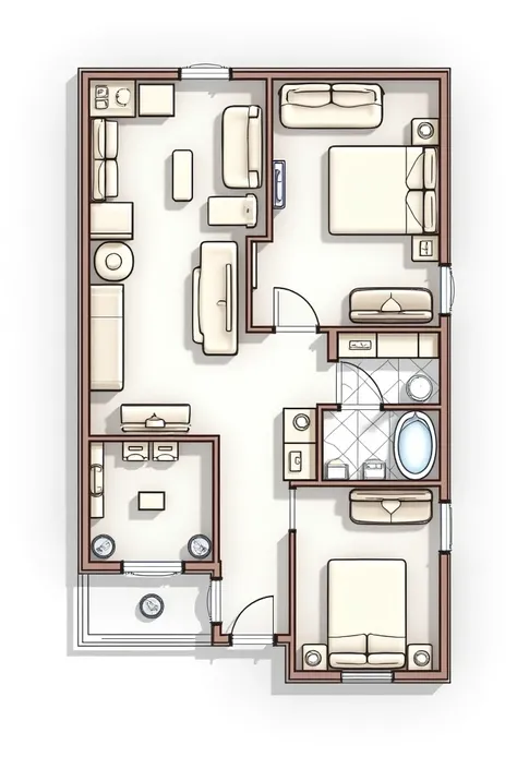 A plan of a 1 bedroom house ,1 master bedroom  ,kitchen ,dining room , 2 bathrooms