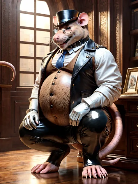 rat, leather collar, white rubber gloves on hands and feet, white spats on feet, fat, bulging belly, large belly, steampunk, (hi...