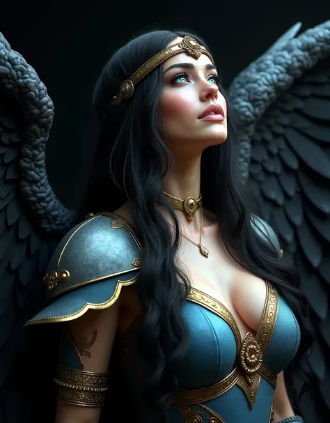 GORGEOUS WINGED VALKYRIE , WARRIOR WOMAN, BUST IMAGE STYLE, STUDIO IMAGE STYLE, BLACK INFINITE BACKGROUND, DIFFUSED LIGHTS ON FACE, BACK LIGHTS ON HAIR, HUGE BLACK WINGS, BLACK FEATHERS, VERY BLACK HAIR, CLOSE FACE SHOT, HUGE LONG HAIR, HUGE STRAIGHT LONG ...