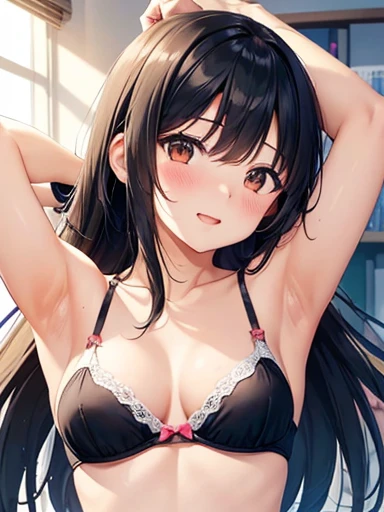 Girl, cute, kawaii, From above, Chest to head, Look up here, smile, Embarrassed, Straight Hair, Long Hair, Black Hair, morning, sunny,full breasts, Wink, standing,
(ONE Arm up behind:1.5),
(shows armpit:1.5), Light shines in,Yawn,bra top, My Room, Waking u...