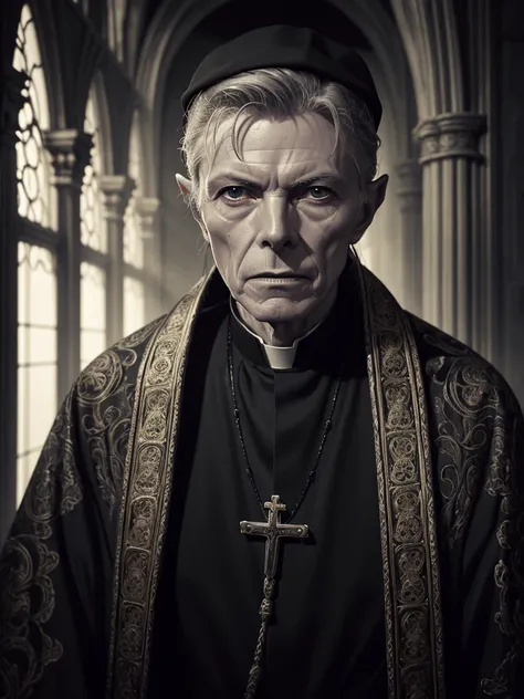 a very old and thin catholic priest, david bowie, detailed portrait, extremely detailed face and eyes, beautiful detailed wrinkles, ornate robes, intricate patterns, dramatic lighting, chiaroscuro, moody atmosphere, cinematic, dramatic shadows, high contra...