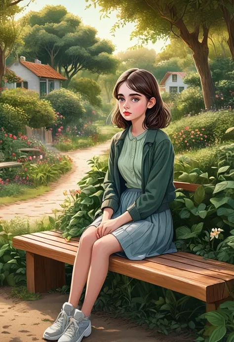 a detailed vector illustration of a rural landscape, autistic girl sitting on a bench in a garden, beautiful detailed eyes, beautiful detailed lips, extremely detailed face and features, long eyelashes, detailed clothing, serene expression, lush greenery, ...