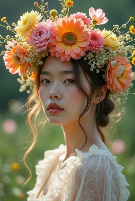 
Create a serene and ethereal scene featuring a model adorned with a crown of colorful flowers. The flowers should cover her eyes, symbolizing beauty and mystery. Capture the essence of nature and femininity in soft, diffused lighting. Focus on the delicat...