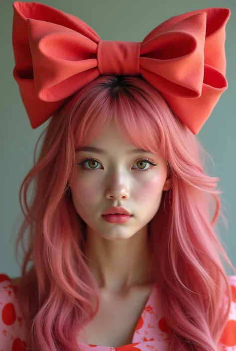 Create a photo of a yellow skin tone woman with long, layered dark pink hair, and a giant bow in the center of the reddish pink head